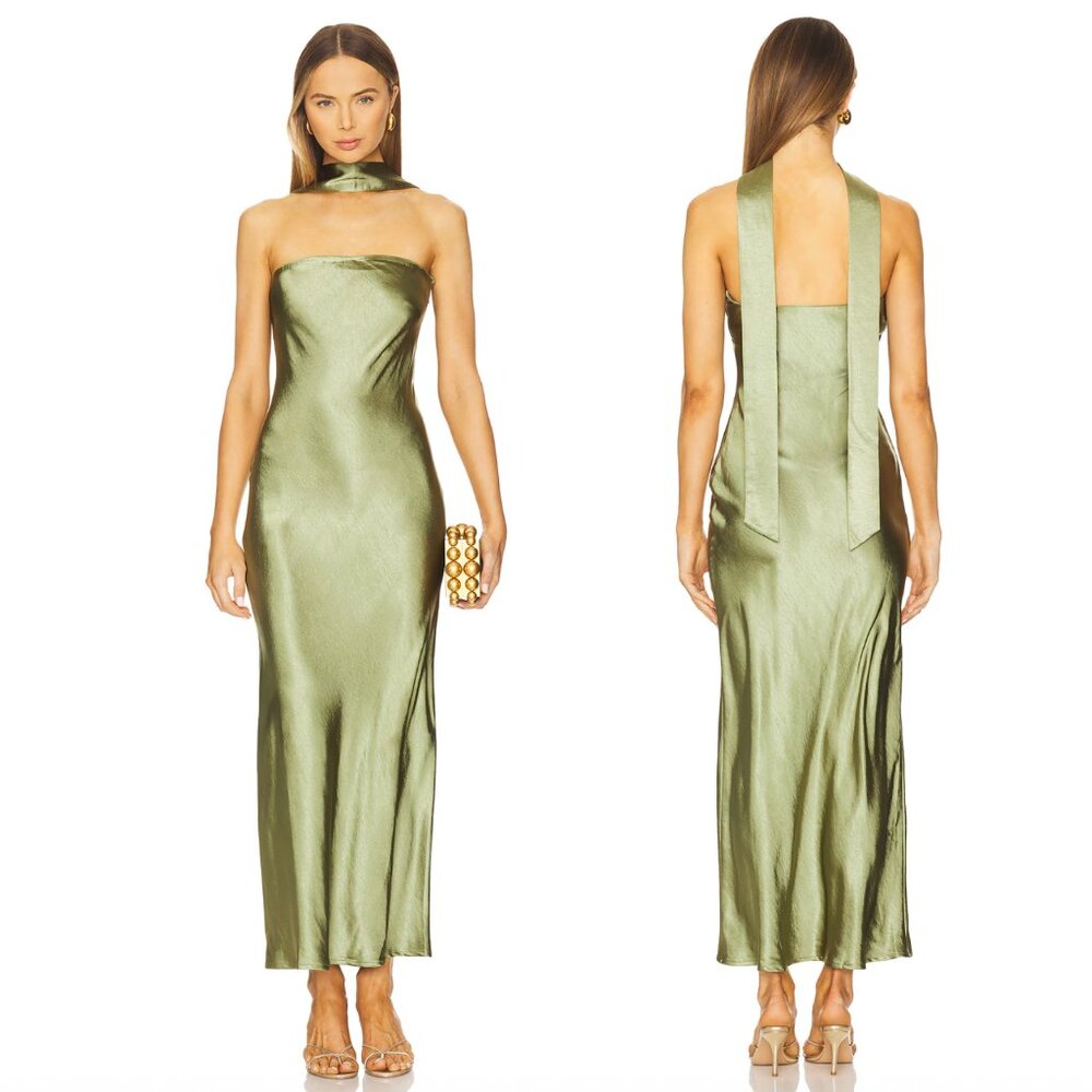 NEW SNDYS Angelina Neck Tie Maxi Dress in Olive Green Strapless Slip Formal Gown